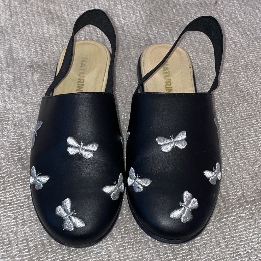 Naturino Black Mules with Silver Butterfly Accents